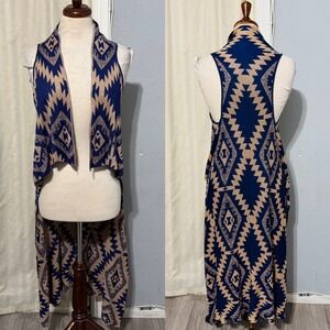 Timing Aztec Print Duster Vest Women's M/L Blue Tan Open Front Long Cardigan